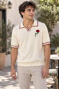 NWT Oxknit Vintage Knit Polo Preppy Retro Cream Rose Embroidery Men's 2XL